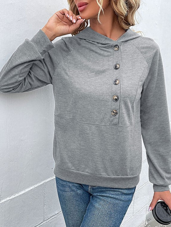 Offset Button Hoodie With Kangaroo Pocket - Grey
