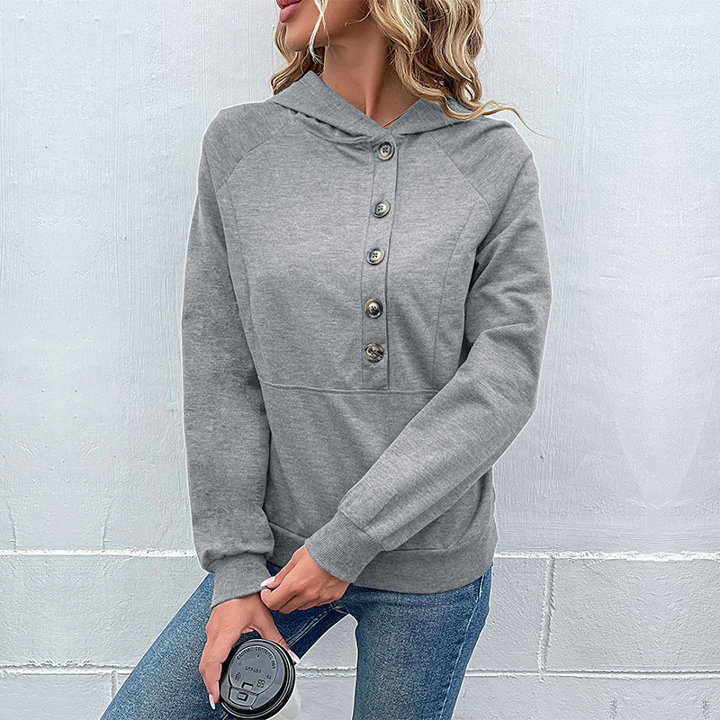 Offset Button Hoodie With Kangaroo Pocket - Grey - 1
