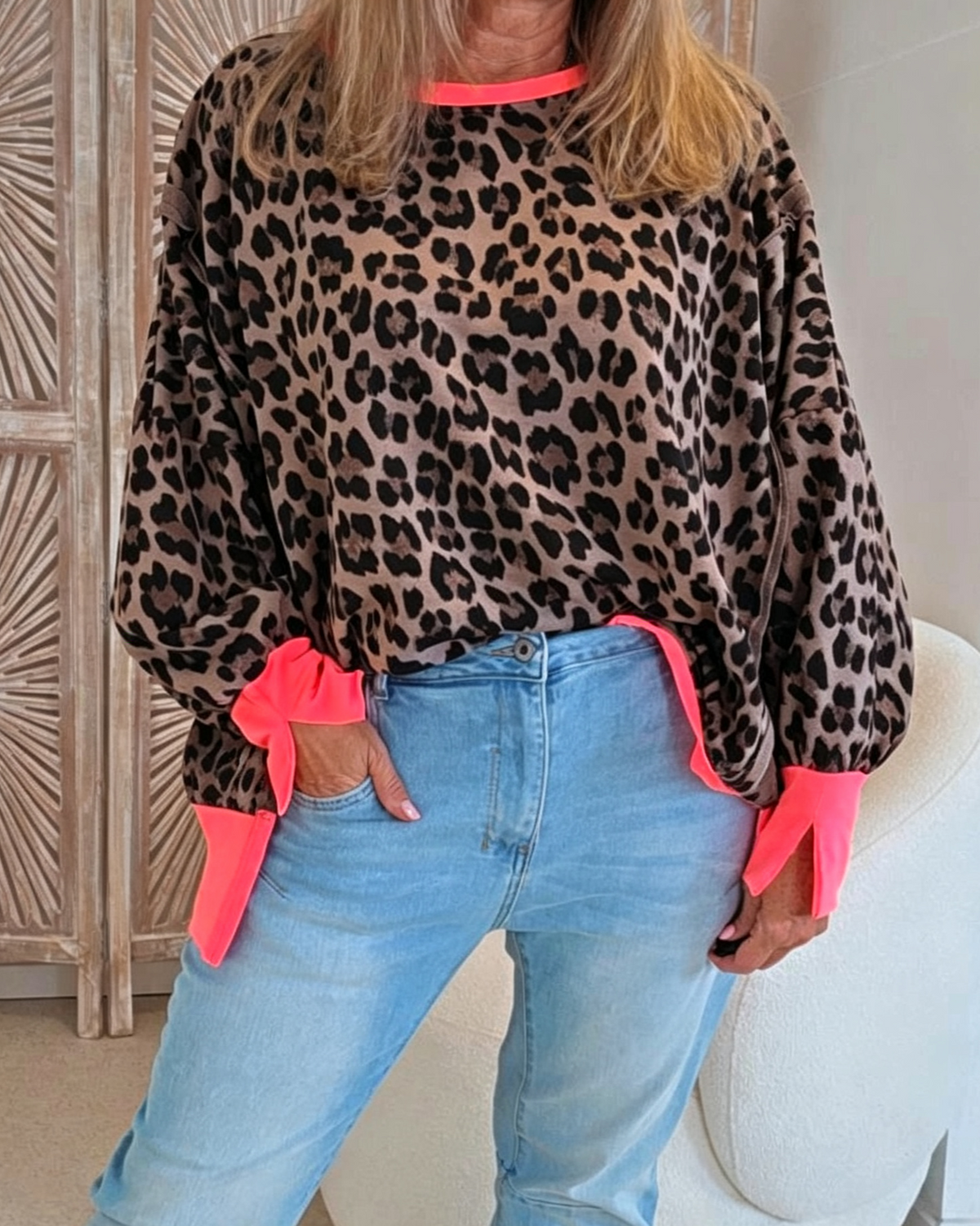 Leopard Print Tie Cuff Oversized Sweatshirt - Brown