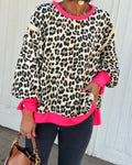 Leopard Print Tie Cuff Oversized Sweatshirt - Khaki
