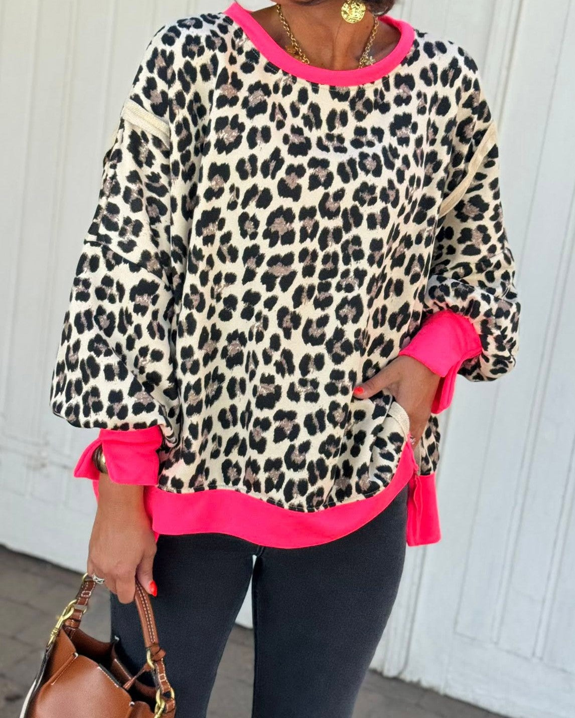 Leopard Print Tie Cuff Oversized Sweatshirt - Khaki