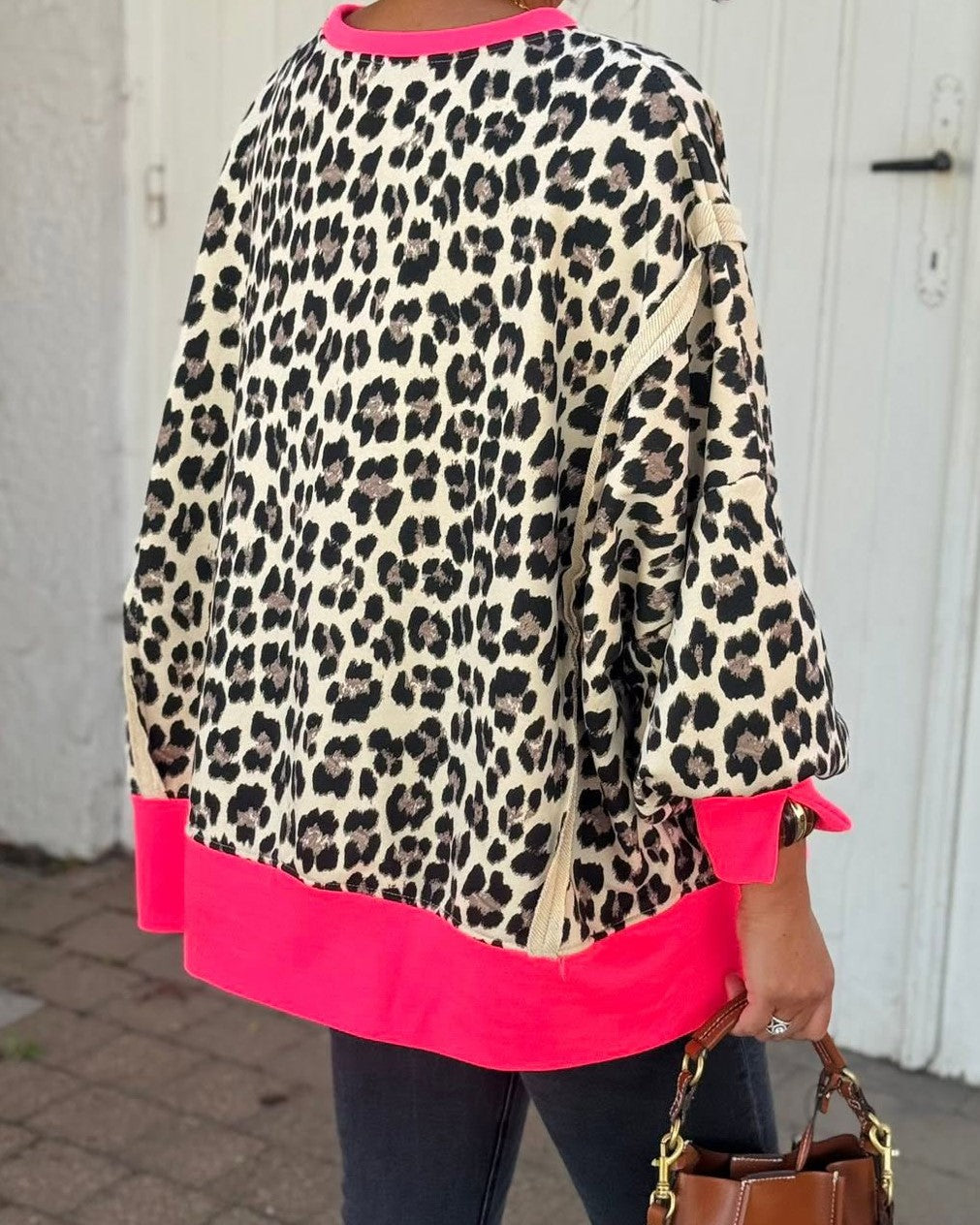 Leopard Print Tie Cuff Oversized Sweatshirt - Khaki - 1