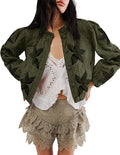 Quilted Leaf Applique Cropped Bomber Jacket - ArmyGreen