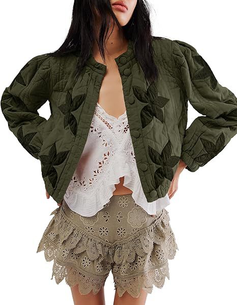 Quilted Leaf Applique Cropped Bomber Jacket - ArmyGreen