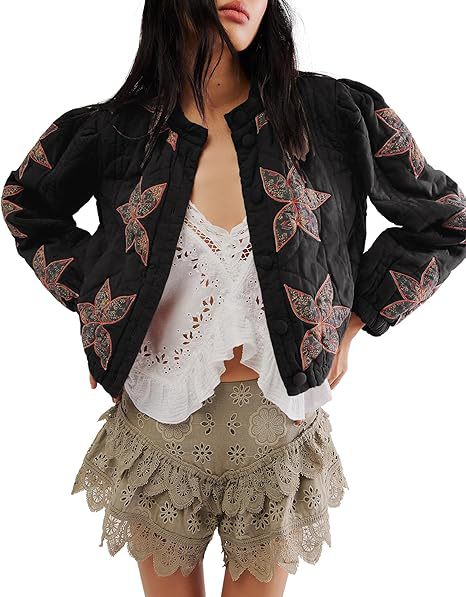 Quilted Leaf Applique Cropped Bomber Jacket - Black