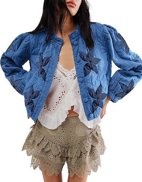 Quilted Leaf Applique Cropped Bomber Jacket - Blue