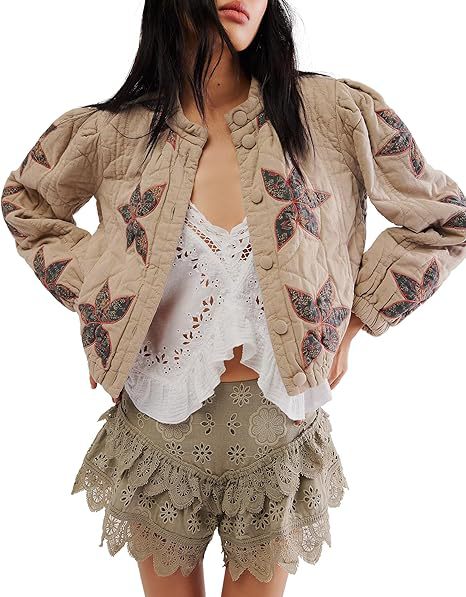 Quilted Leaf Applique Cropped Bomber Jacket - Khaki