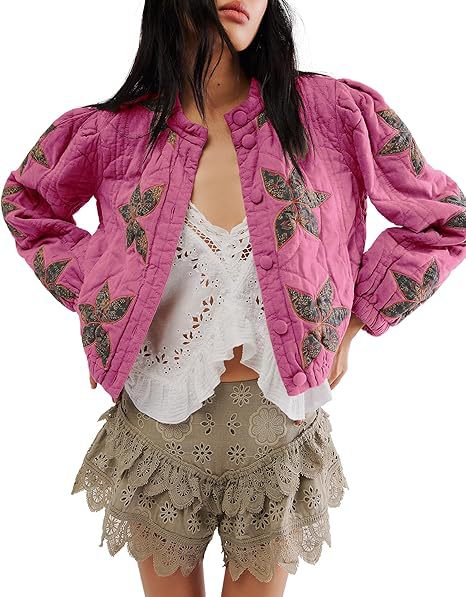 Quilted Leaf Applique Cropped Bomber Jacket - Rose