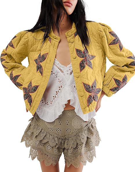 Quilted Leaf Applique Cropped Bomber Jacket - Yellow