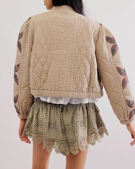 Quilted Leaf Applique Cropped Bomber Jacket