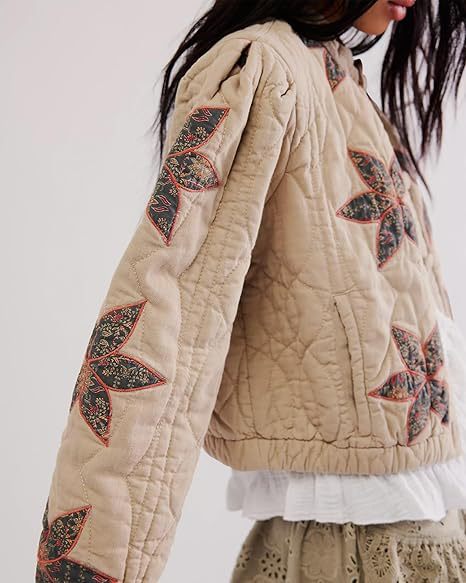 Quilted Leaf Applique Cropped Bomber Jacket - view 1