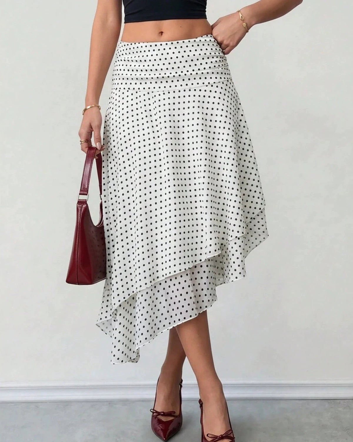 Polka Dot Handkerchief Hem Midi Skirt - White