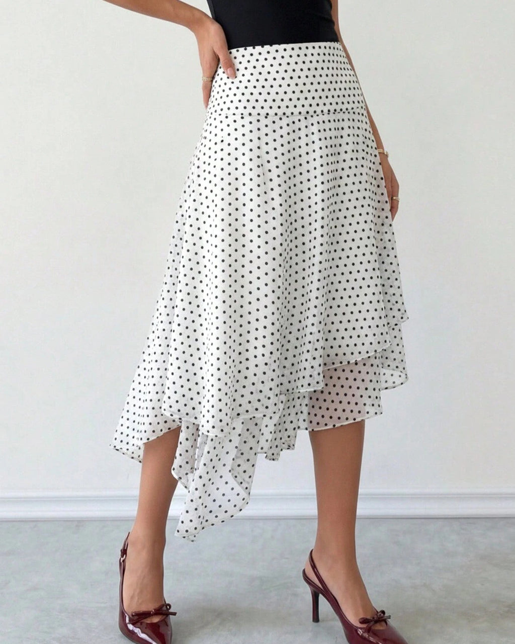 Polka Dot Handkerchief Hem Midi Skirt - White - 1