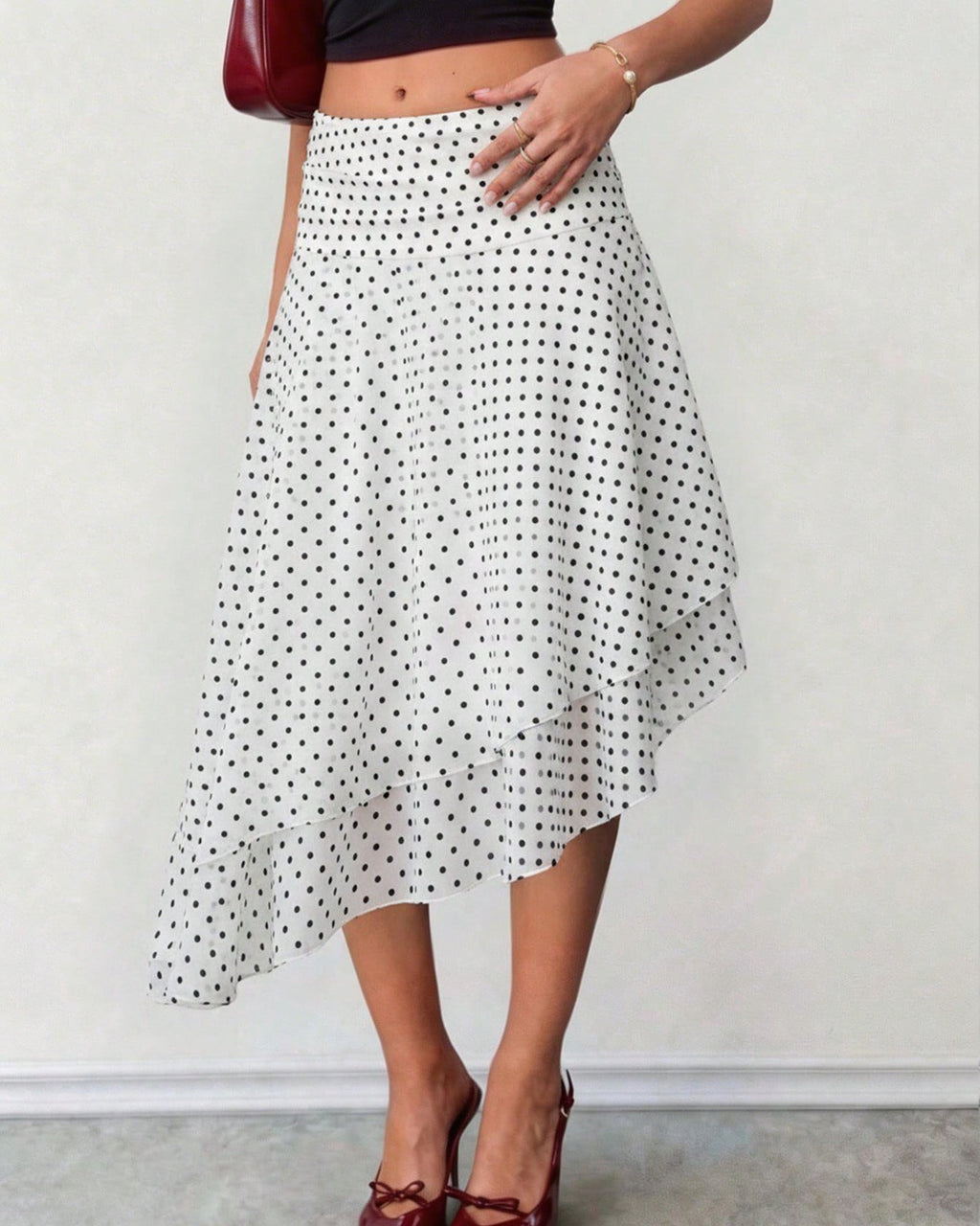 Polka Dot Handkerchief Hem Midi Skirt - White - 3