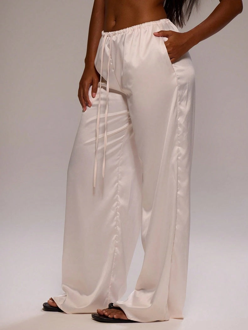 Satin Drawstring Wide Leg Lounge Pants - Beige