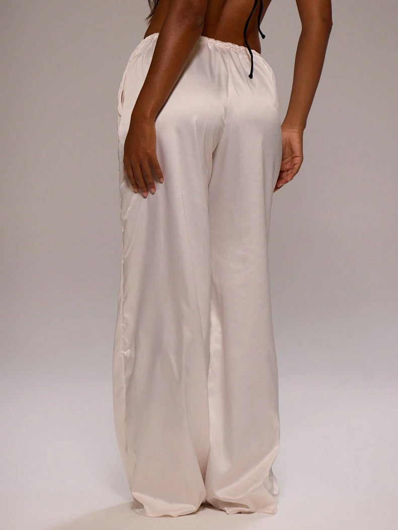 Satin Drawstring Wide Leg Lounge Pants - Beige - 1