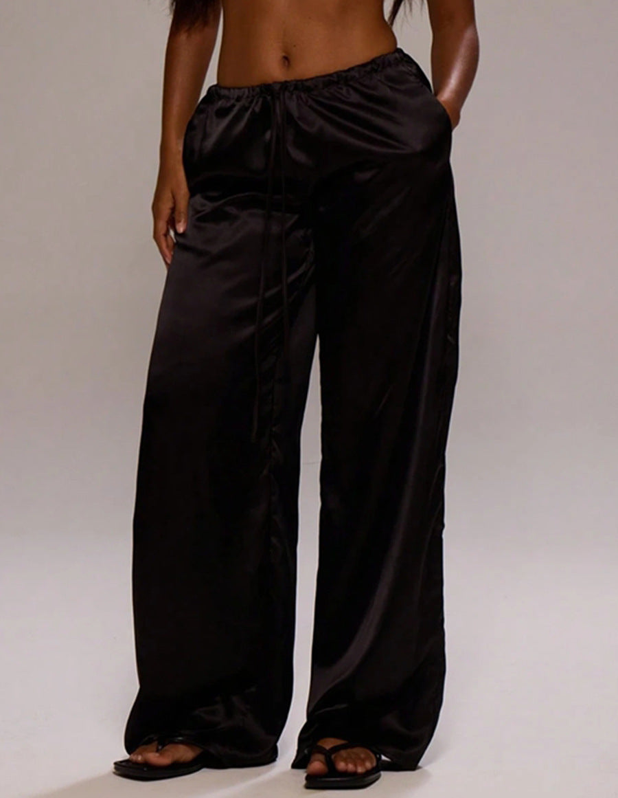 Satin Drawstring Wide Leg Lounge Pants - Black