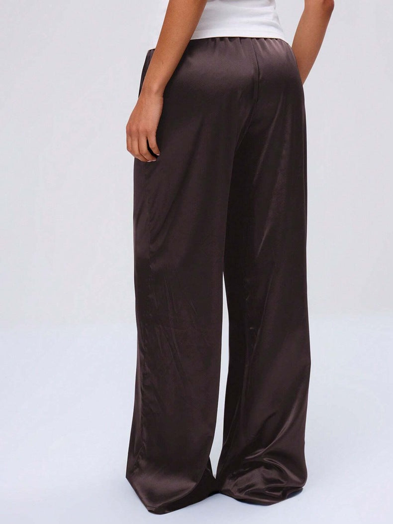 Satin Drawstring Wide Leg Lounge Pants - Brown - 2