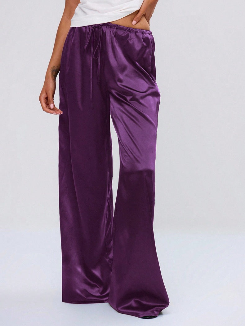Satin Drawstring Wide Leg Lounge Pants - Purple