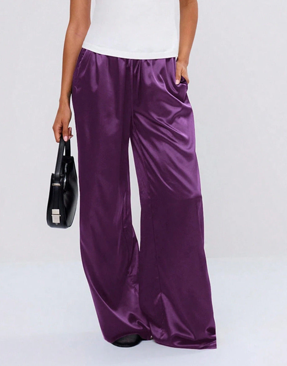 Satin Drawstring Wide Leg Lounge Pants - Purple - 1