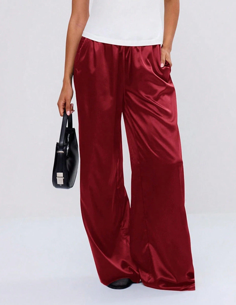 Satin Drawstring Wide Leg Lounge Pants - Red