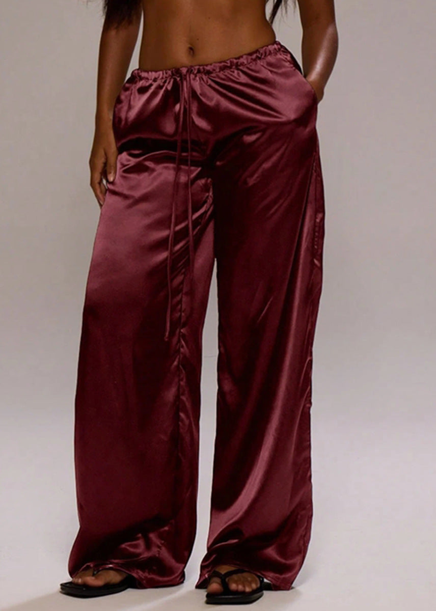 Satin Drawstring Wide Leg Lounge Pants - WineRed