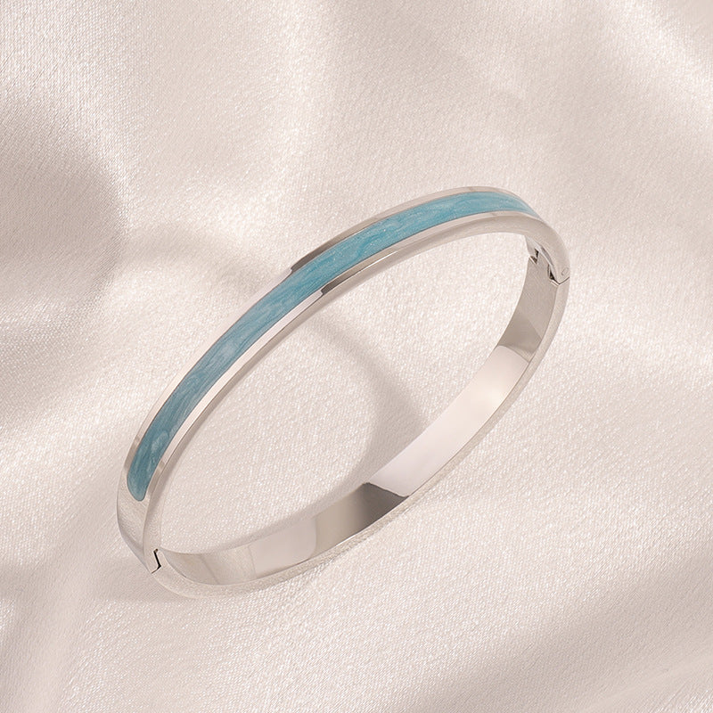 Enamel Inlay Slim Hinged Cuff Bracelet - Blue