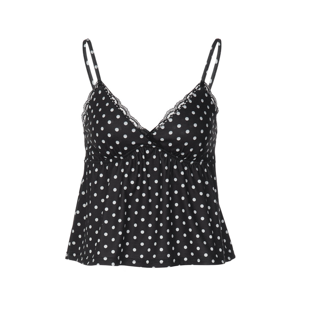 Flowy Dot Print Camisole With Lace Neckline - Black