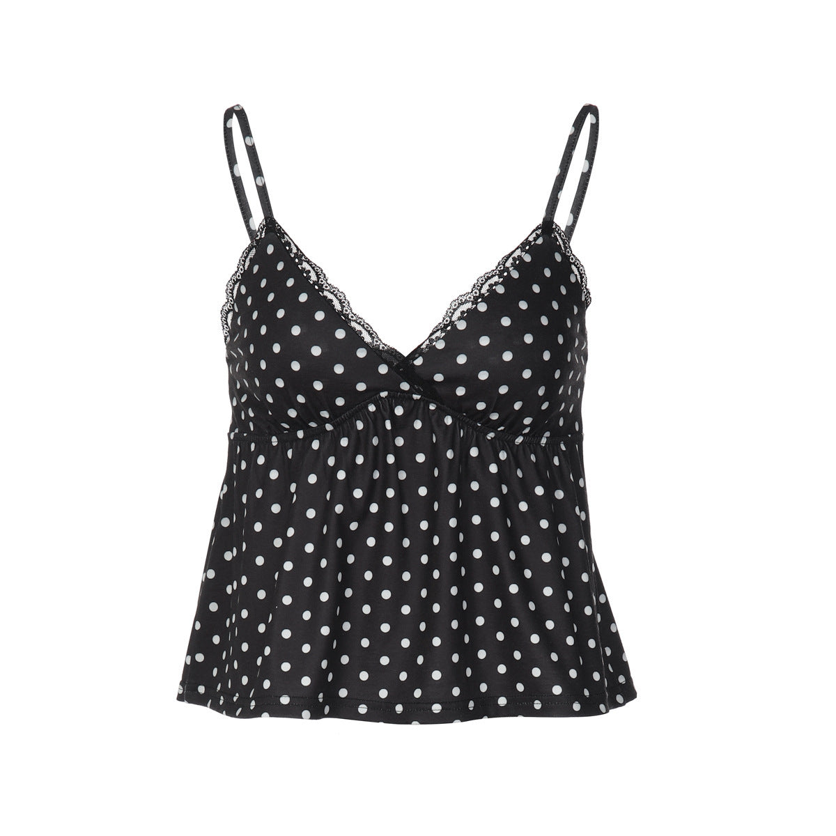Flowy Dot Print Camisole With Lace Neckline - Black