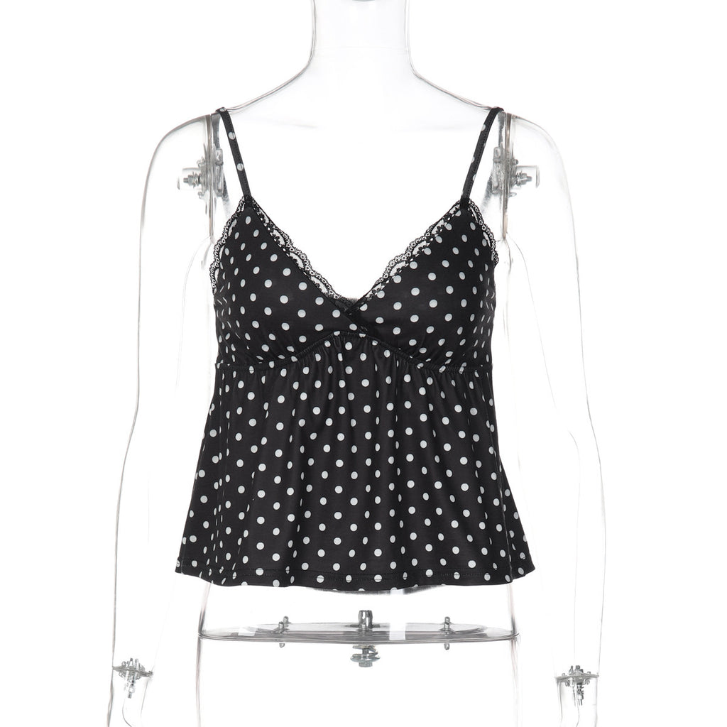 Flowy Dot Print Camisole With Lace Neckline - view 1