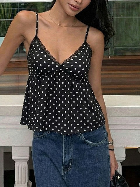Flowy Dot Print Camisole With Lace Neckline - view 2