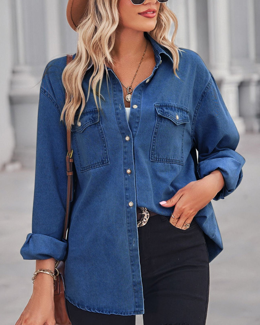 Oversized Denim Shirt Jacket With Chest Pockets - Blue