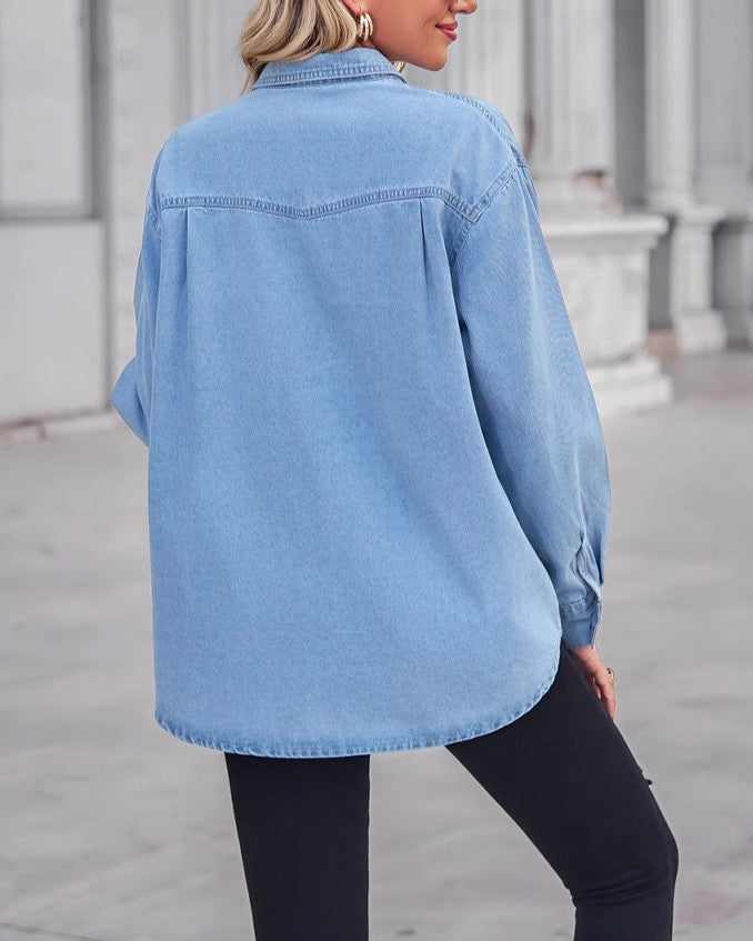 Oversized Denim Shirt Jacket With Chest Pockets - Light-Blue - 2