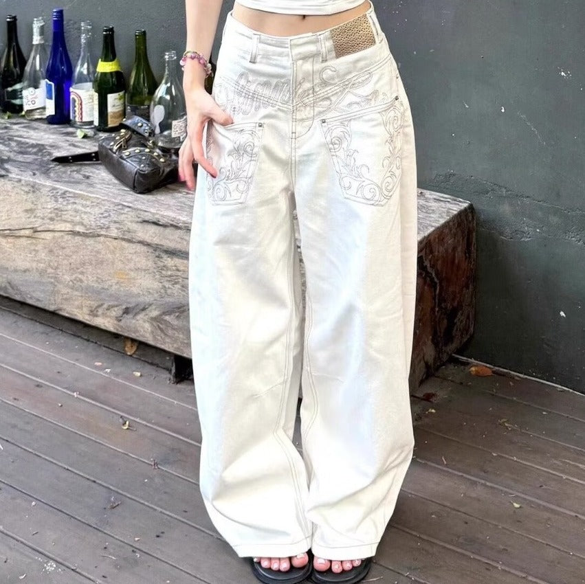 White Embroidered Mid Rise Baggy Wide Leg Jeans