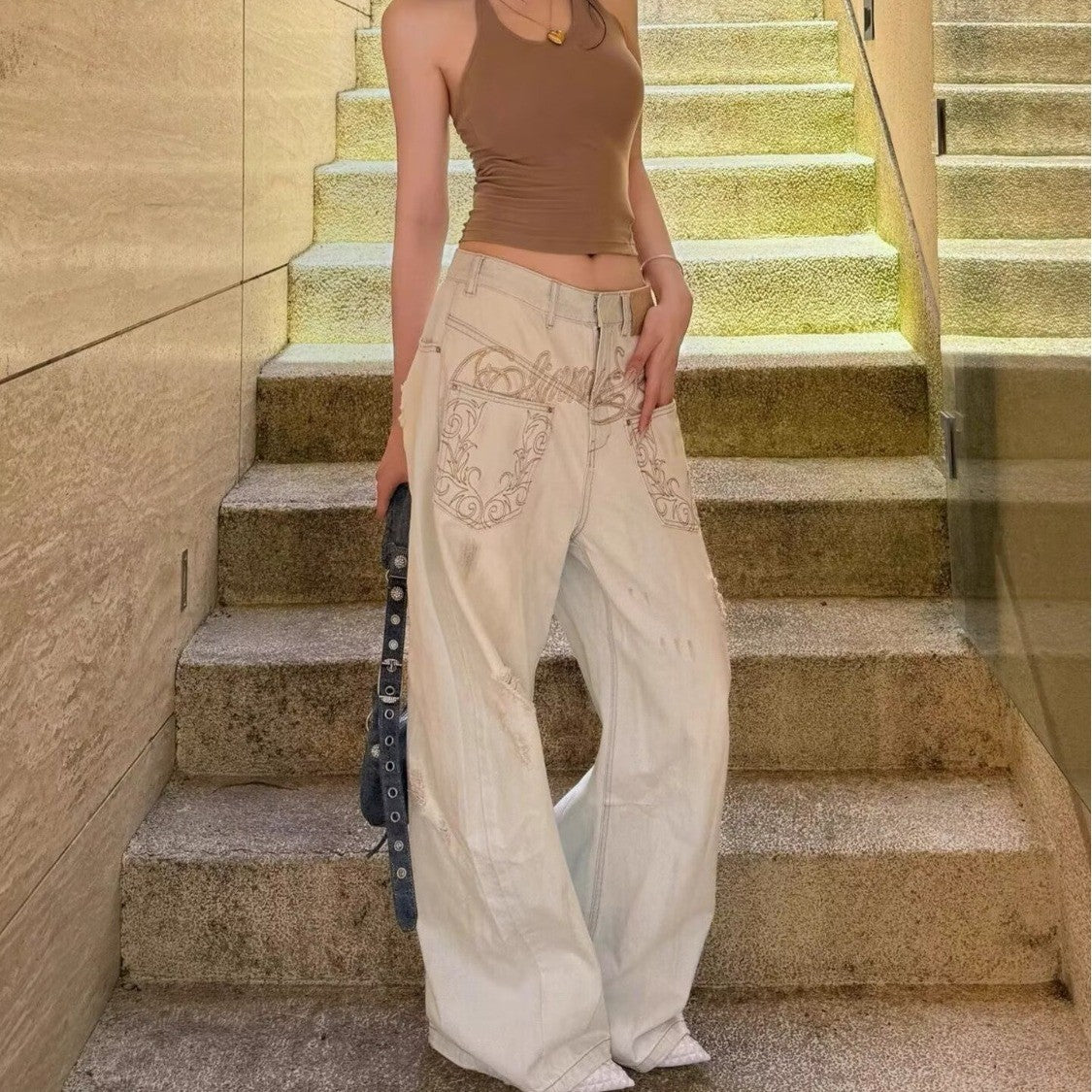 White Embroidered Mid Rise Baggy Wide Leg Jeans
