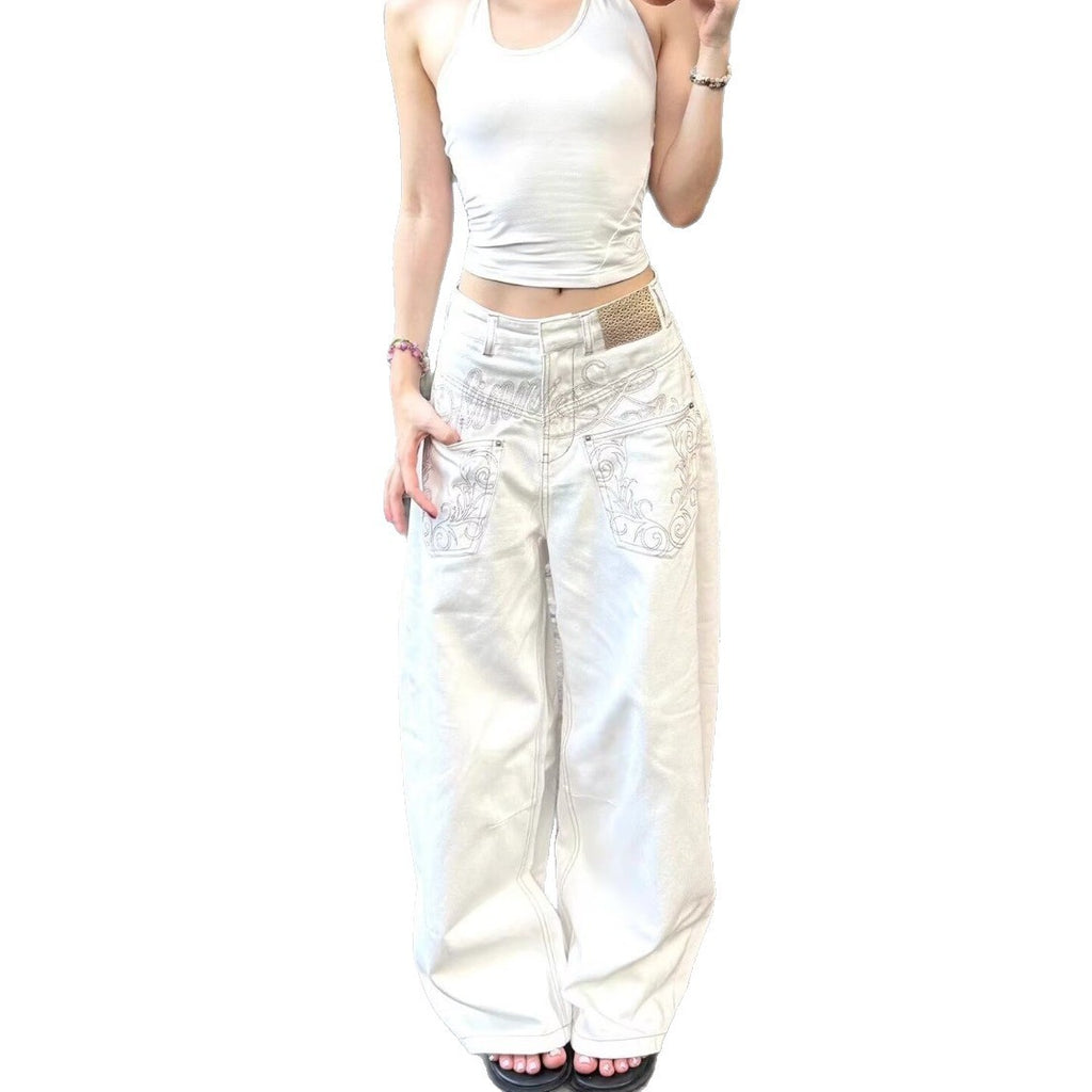 White Embroidered Mid Rise Baggy Wide Leg Jeans
