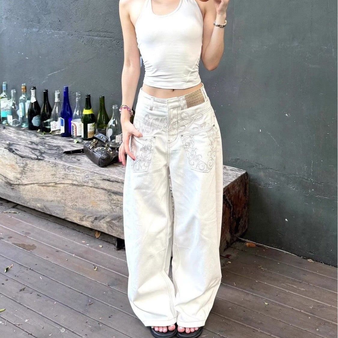 White Embroidered Mid Rise Baggy Wide Leg Jeans