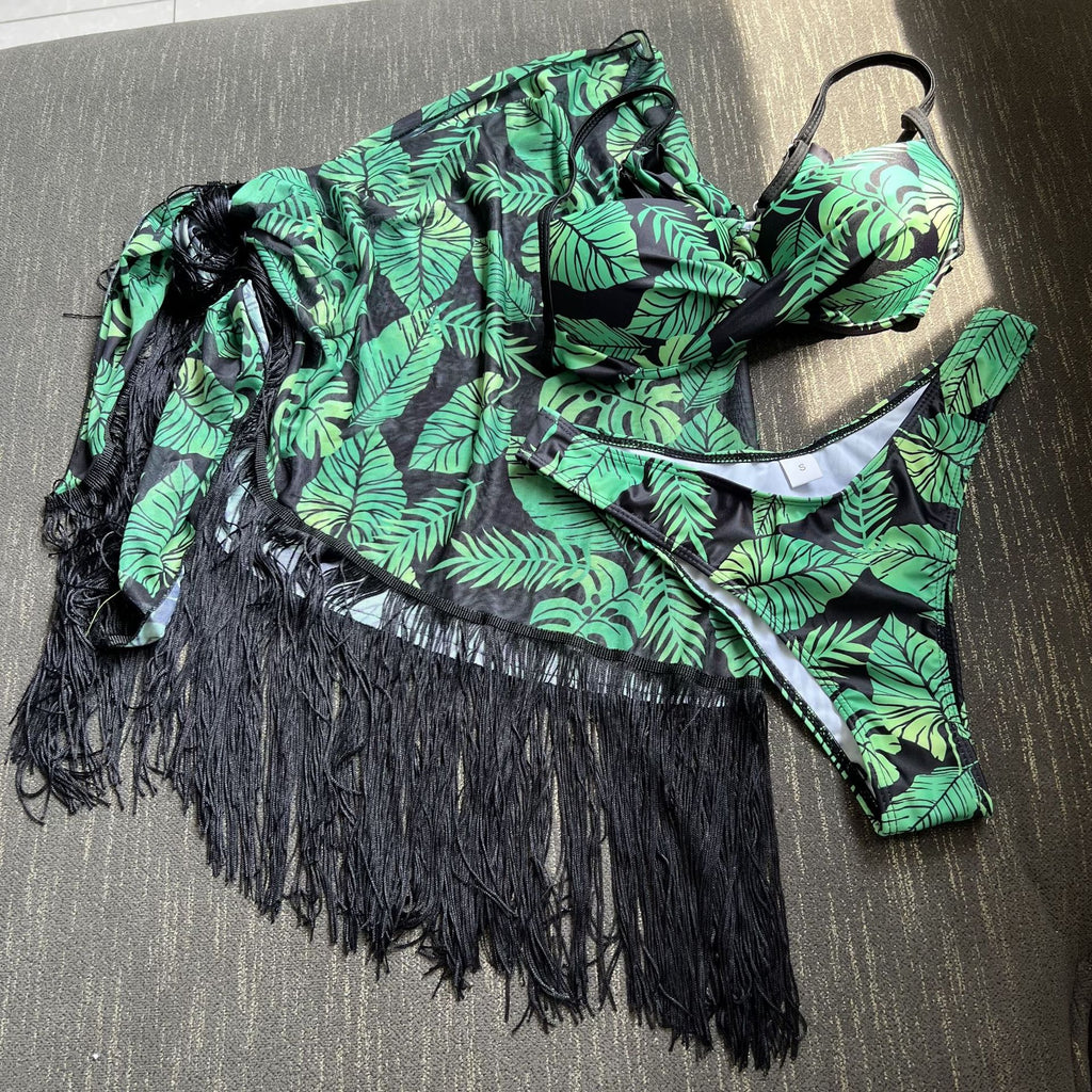 Tropical Leaf Print Bikini With Fringe Sarong - Green - 1
