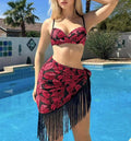 Tropical Leaf Print Bikini With Fringe Sarong - Rose red