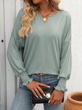 Notch Neck Balloon Sleeve Ruffle Cuff Blouse - Beangreen