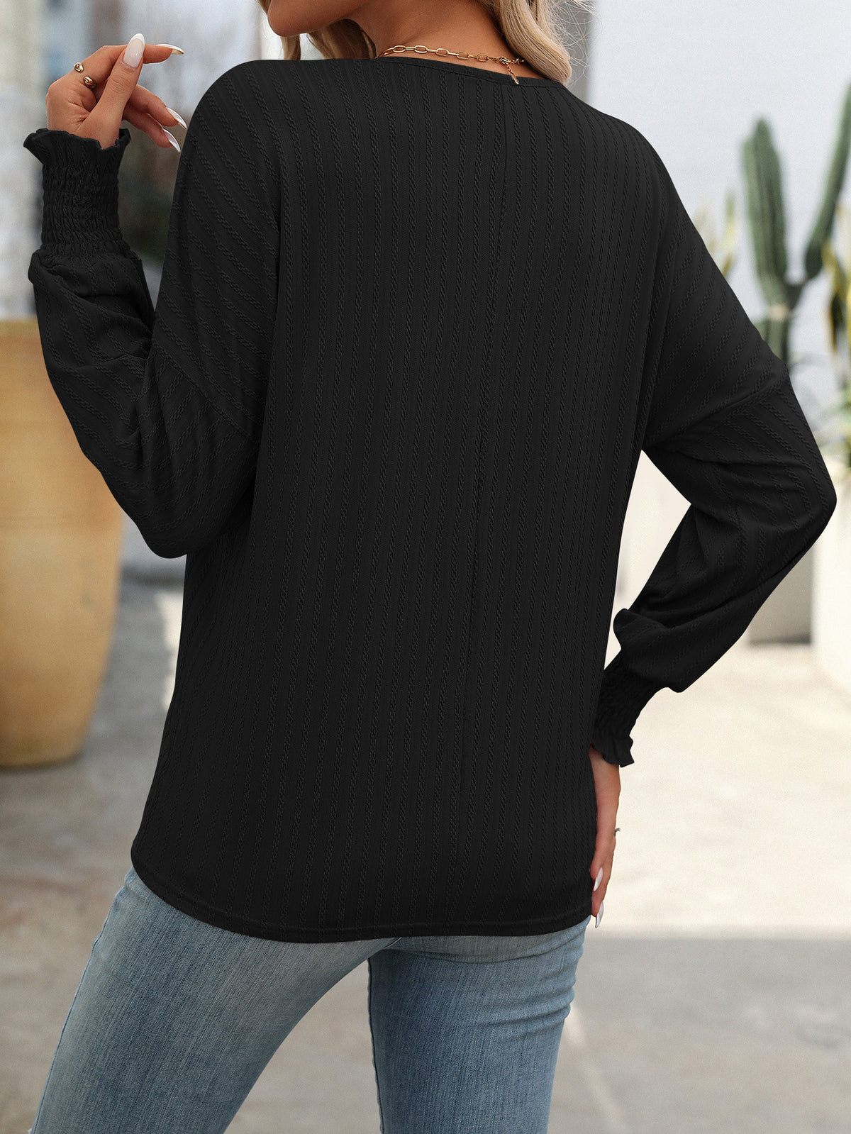Notch Neck Balloon Sleeve Ruffle Cuff Blouse - Black - 1