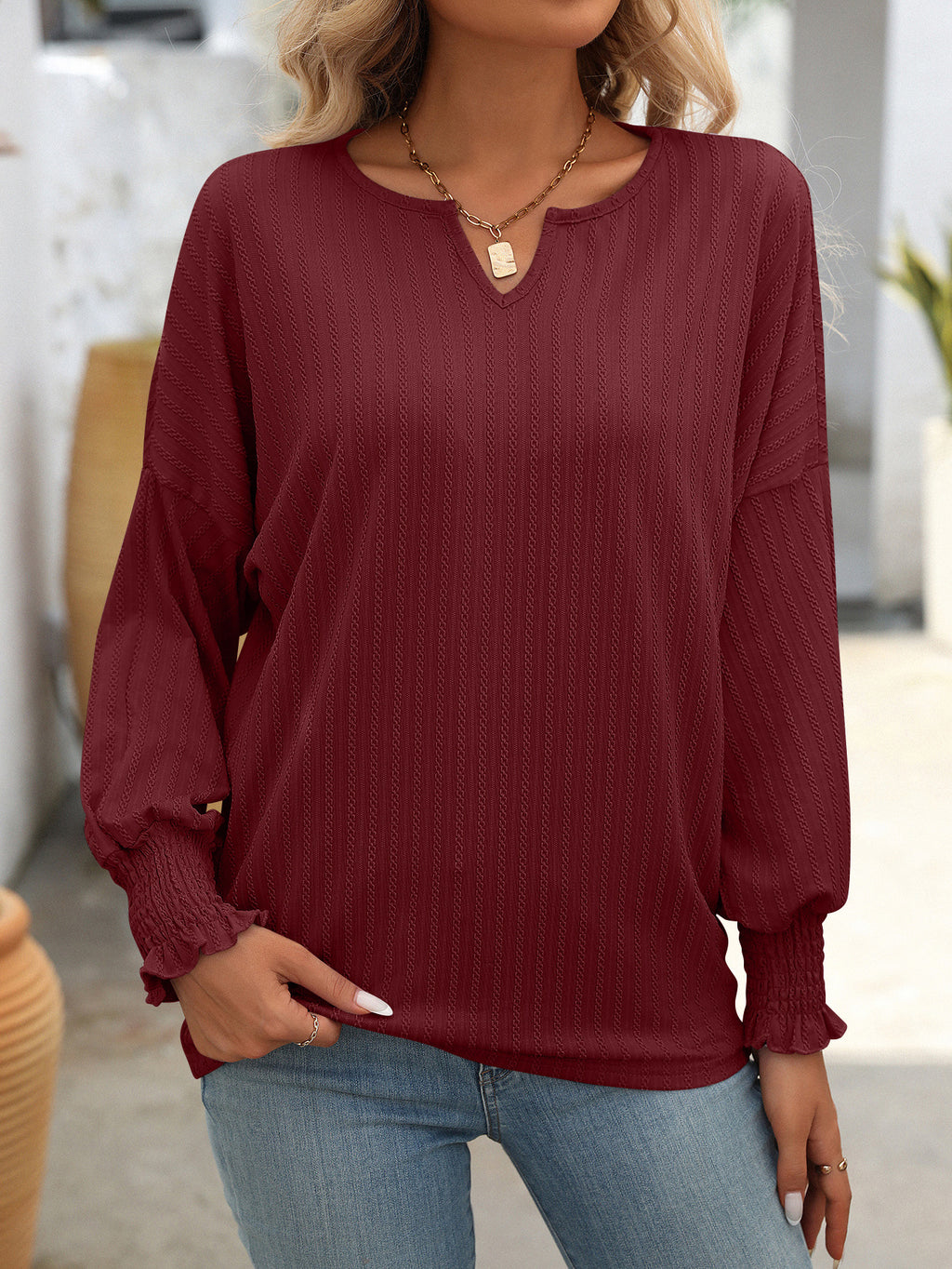 Notch Neck Balloon Sleeve Ruffle Cuff Blouse - Winered - 1