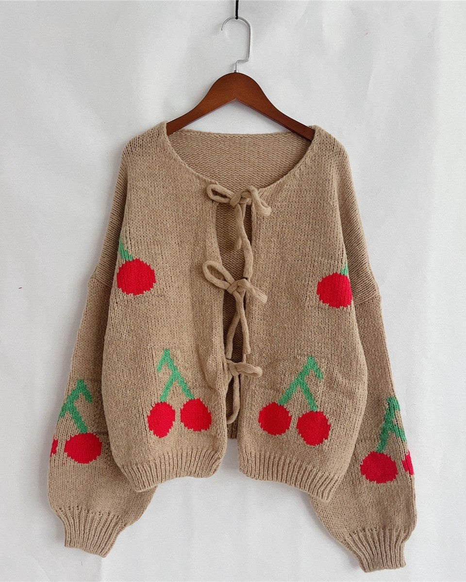 Cherry Knit Tie Front Puff Sleeve Cardigan - Khaki
