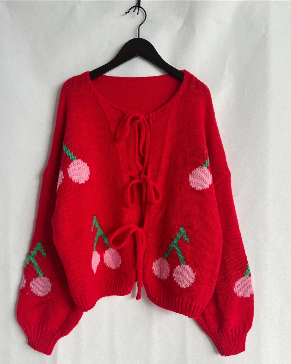 Cherry Knit Tie Front Puff Sleeve Cardigan - Red