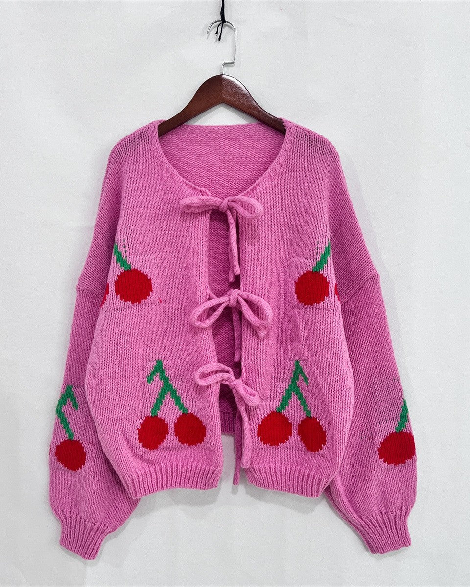 Cherry Knit Tie Front Puff Sleeve Cardigan - Rose-Red - 1