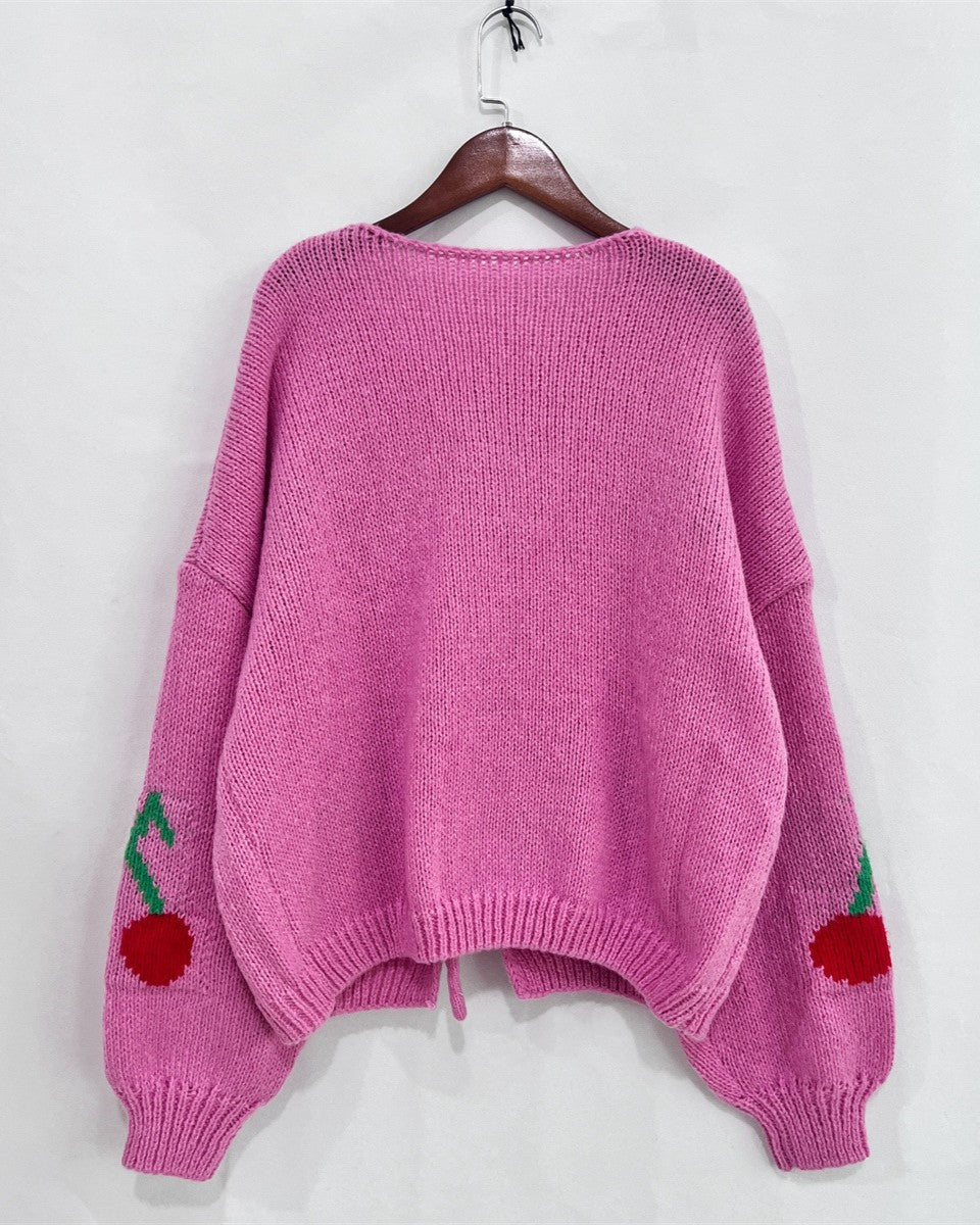 Cherry Knit Tie Front Puff Sleeve Cardigan - Rose-Red - 2
