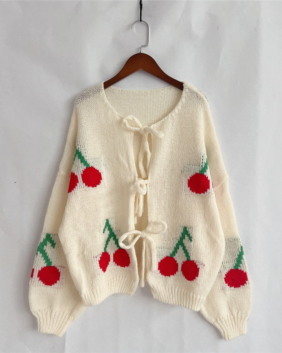 Cherry Knit Tie Front Puff Sleeve Cardigan - White