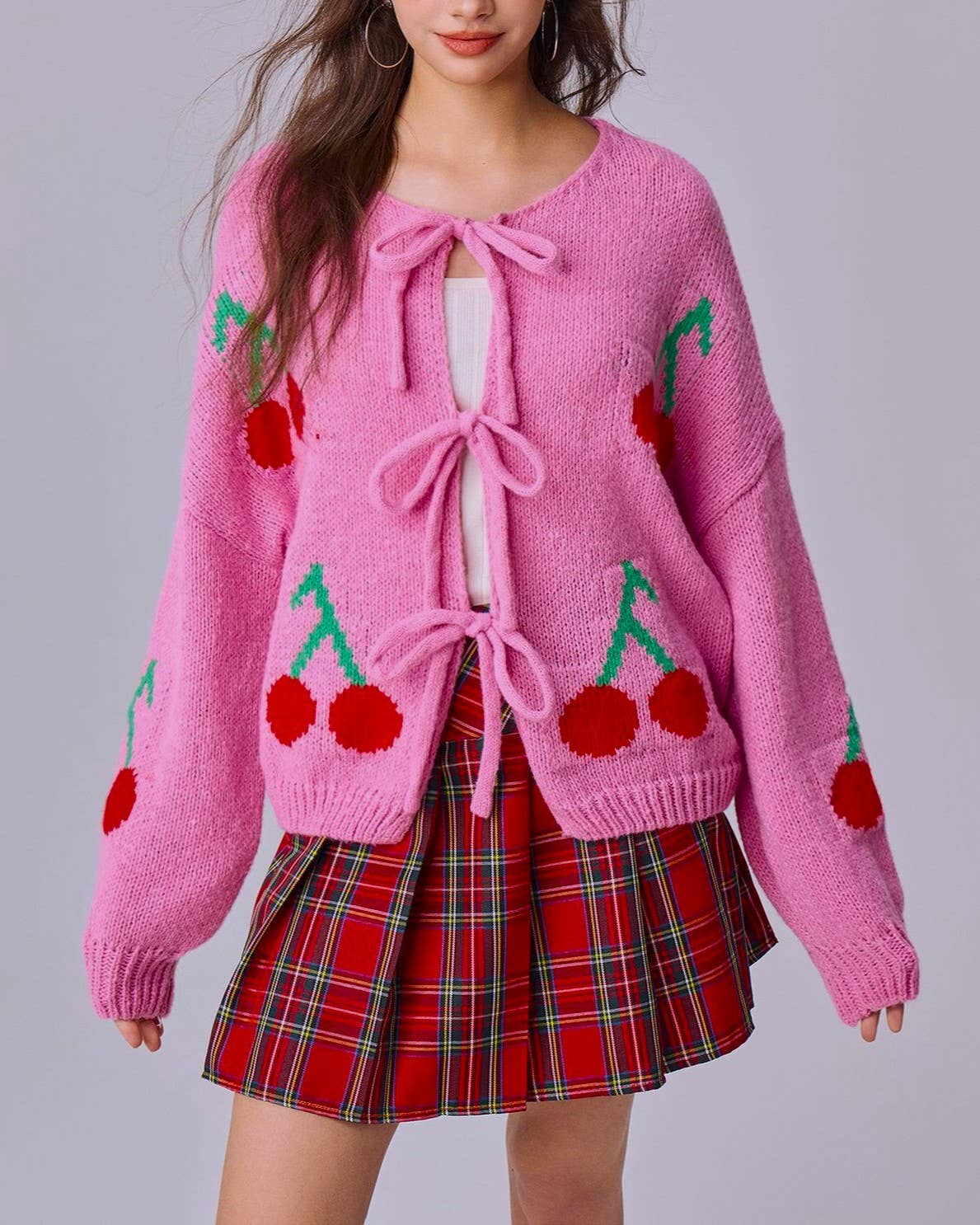 Cherry Knit Tie Front Puff Sleeve Cardigan