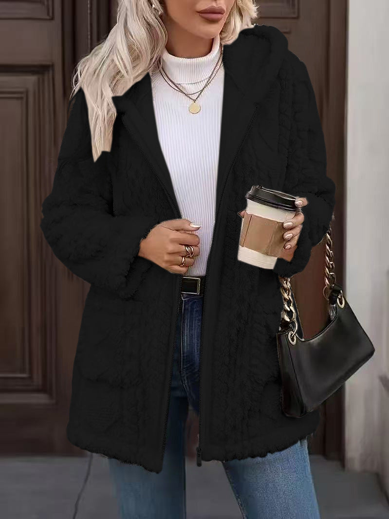 Cable Textured Plush Hooded Longline Coat With Pockets - Black