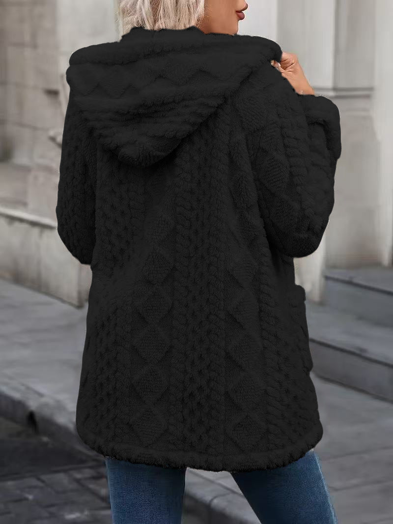 Cable Textured Plush Hooded Longline Coat With Pockets - Black - 1